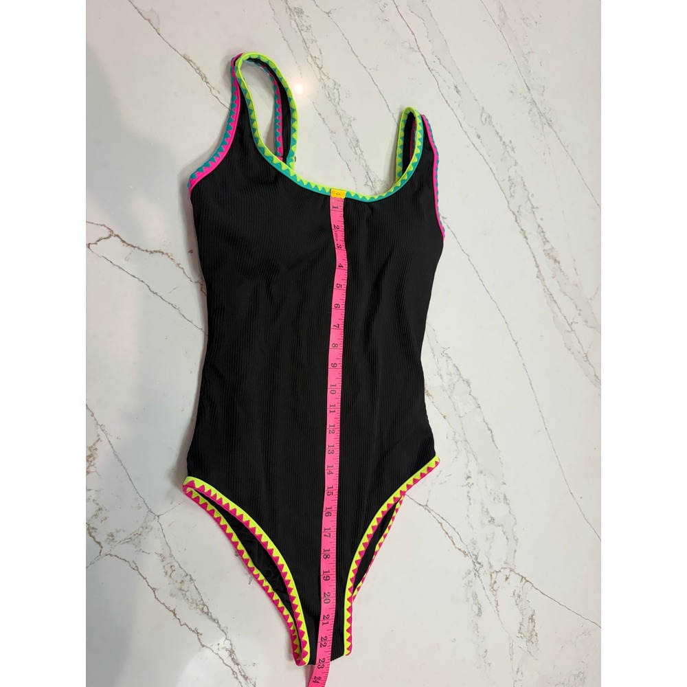 Popvil Womens Ribbed One Piece Swimsuit Black Neon Pink Yellow Trim High Cut NEW - Picture 5 of 12